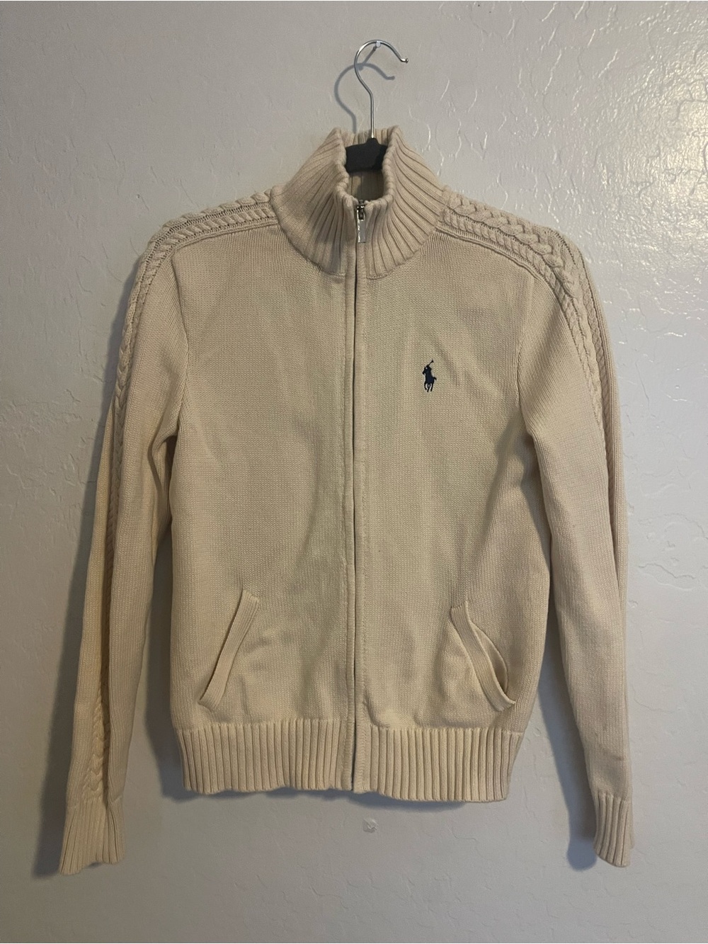 Ralph Lauren Cream Zip-Up Cable-Trim Knit Jacket